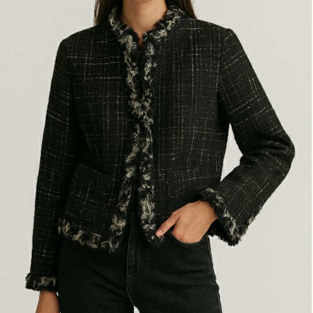 Pretty Vintage Nipon Boutique Jacket in Black/White Plaid with Silk Fringe Trim - Picture 4 of 7